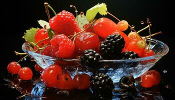 ai gerado frescor do verão bagas dentro uma saudável, colorida fruta tigela gerado de ai foto