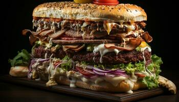 ai gerado grelhado carne sanduíche em ciabatta com derretido queijo cheddar queijo gerado de ai foto