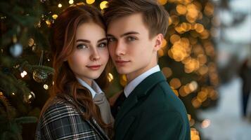 ai gerado casal sorridente dentro frente do Natal árvores generativo ai foto