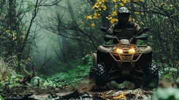 ai gerado uma homem equitação a fora estrada atv dentro a floresta. generativo ai foto