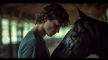 ai gerado jovem masculino equestre partilha uma concurso momento com uma Preto cavalo foto