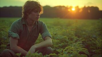 ai gerado contemplativo jovem homem sentado dentro uma campo às pôr do sol foto