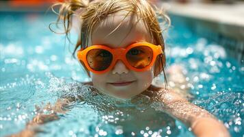 ai gerado uma jovem menina com laranja oculos de sol desfrutando ela mesma dentro uma piscina em uma ensolarado dia. generativo ai foto