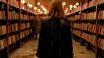 ai gerado uma mulher dentro uma Preto Jaqueta anda em através uma biblioteca, cercado de linhas do livros e prateleiras. foto