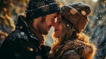 ai gerado uma casal dentro a neve partilha uma romântico beijo. generativo ai foto
