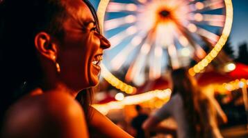 ai gerado uma mulher alegremente poses dentro frente do uma imponente ferris roda, irradiando felicidade e excitação. generativo ai foto