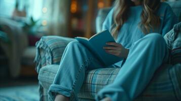 ai gerado uma jovem mulher é sentado em a sofá e lendo uma livro. foto