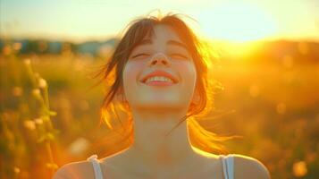ai gerado alegre jovem mulher desfrutando pôr do sol dentro uma campo, irradiando felicidade foto