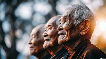 ai gerado três ásia homens estão sentado e sorridente às a nascer do sol generativo ai foto