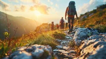 ai gerado caminhantes caminhada para a montanhas às pôr do sol tempo. generativo ai foto