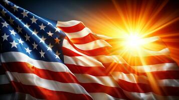 ai gerado EUA bandeira em pé em Preto fundo com Sol brilhando em isto. generativo ai foto