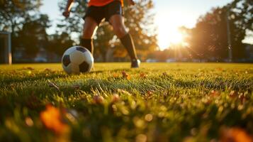 ai gerado uma futebol jogador chutando a bola em uma campo durante uma corresponder. generativo ai foto