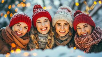 ai gerado quatro sorridente mulheres desfrutando a neve ao ar livre. generativo ai foto