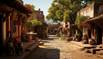 ai gerado velho Cidade rústico charme antigo arquitetura, de madeira lanternas, limitar caminhos pedonais gerado de ai foto