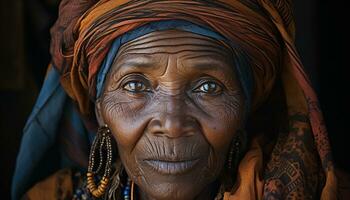 ai gerado 1 sereno mulher, enrugada, sorridente, vestindo tradicional roupas, olhando às Câmera gerado de ai foto