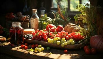 ai gerado fresco orgânico frutas e legumes em rústico de madeira mesa gerado de ai foto