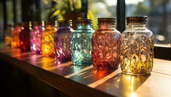 ai gerado uma colorida coleção do vidro garrafas ilumina a mesa gerado de ai foto