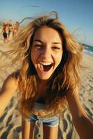 ai gerado uma mulher capturando uma selfie em a praia, desfrutando a cênico beleza e criando recordações. foto