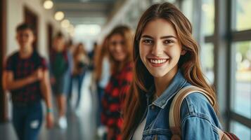 ai gerado sorridente jovem menina dentro corredor com aula. generativo ai foto