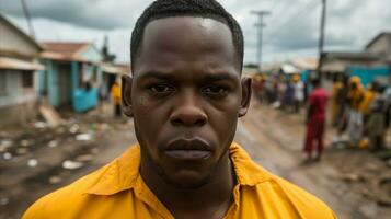 ai gerado uma Preto homem dentro uma amarelo camisa dentro a estrada às uma favela. generativo ai foto