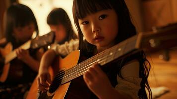 ai gerado uma jovem menina jogando a acústico guitarra. generativo ai foto