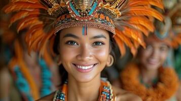 ai gerado radiante jovem mulher dentro tribal traje com cocar sorridente foto