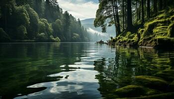 ai gerado tranquilo cena natureza beleza refletido dentro água, montanhas, e árvores gerado de ai foto