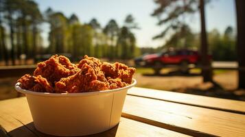 ai gerado uma balde do frito frango em uma piquenique mesa, ângulo médio tiro foto