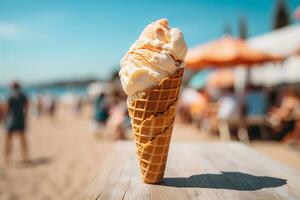 ai gerado uma waffle cone transbordante com manga gelo creme com uma borrado fundo do uma ensolarado praia, baixo ângulo tiro foto