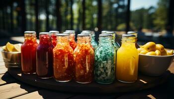 ai gerado frescor do verão fruta em ao ar livre mesa, limão refresco gerado de ai foto