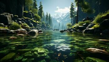 ai gerado tranquilo cena verde montanha reflete dentro fluindo água gerado de ai foto