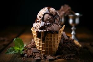 ai gerado uma waffle cone preenchidas com chocolate gelo creme em uma de madeira fundo, Empoeirado com cacau pó e cercado de Sombrio chocolate, ângulo médio tiro foto