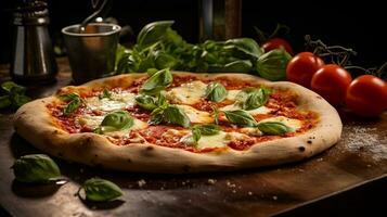 ai gerado recentemente cozido margherita pizza com tomate, carne, mozzarella em de madeira mesa, ângulo médio tiro foto