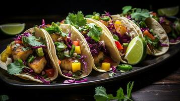 ai gerado delicioso peixe tacos com fresco coentro e Lima em toalha de mesa, ângulo médio tiro foto