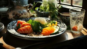 ai gerado fresco frutos do mar refeição em placa, japonês cultura, saudável comendo gerado de ai foto