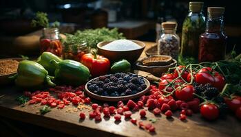 ai gerado fresco orgânico frutas e legumes em de madeira mesa, saudável comendo gerado de ai foto