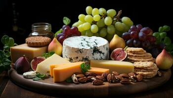 ai gerado uma gourmet lanche fresco queijo Camembert, pão, e vinho em uma de madeira mesa gerado de ai foto