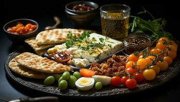 ai gerado frescor em prato grelhado carne, saudável salada, gourmet pão gerado de ai foto