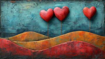 ai gerado três vermelho corações pintado em uma colina, simbolizando amor e afeição. foto