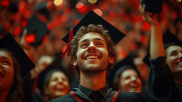 ai gerado alegre masculino graduado a comemorar sucesso no meio multidão às cerimônia foto