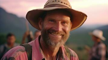 ai gerado uma homem com uma chapéu e Rosa camisa sorridente. foto