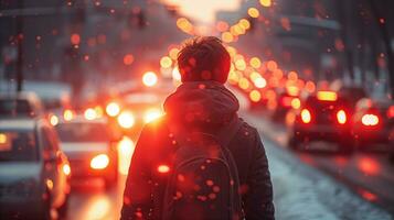 ai gerado homem caminhando em Nevado rua às crepúsculo, cidade tráfego luzes brilhando foto
