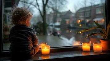 ai gerado criança desfrutando acolhedor momento com velas de janela em chuvoso dia foto