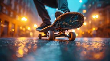 ai gerado urbano skate às crepúsculo fechar-se do skatista em cidade rua foto