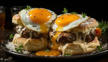 ai gerado grelhado carne, fresco tomate, derretido queijo em uma hamburguer gerado de ai foto