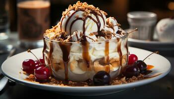 ai gerado frescor e indulgência em uma verão mesa do gourmet sobremesas gerado de ai foto