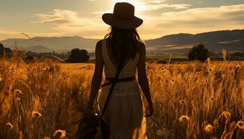 ai gerado jovem mulher desfrutando a sereno pôr do sol dentro uma rural Prado gerado de ai foto