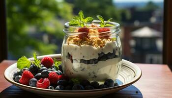 ai gerado frescor e Doçura dentro uma tigela do gourmet baga parfait gerado de ai foto