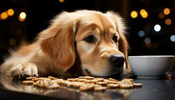 ai gerado fofa cachorro comendo uma lanche em uma dourado mesa gerado de ai foto