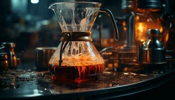 ai gerado barista derramando quente café para dentro uma vidro copo em de madeira mesa gerado de ai foto